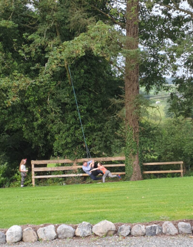 Gerry Caoimhe and Caolán on the tyre swing in their garden